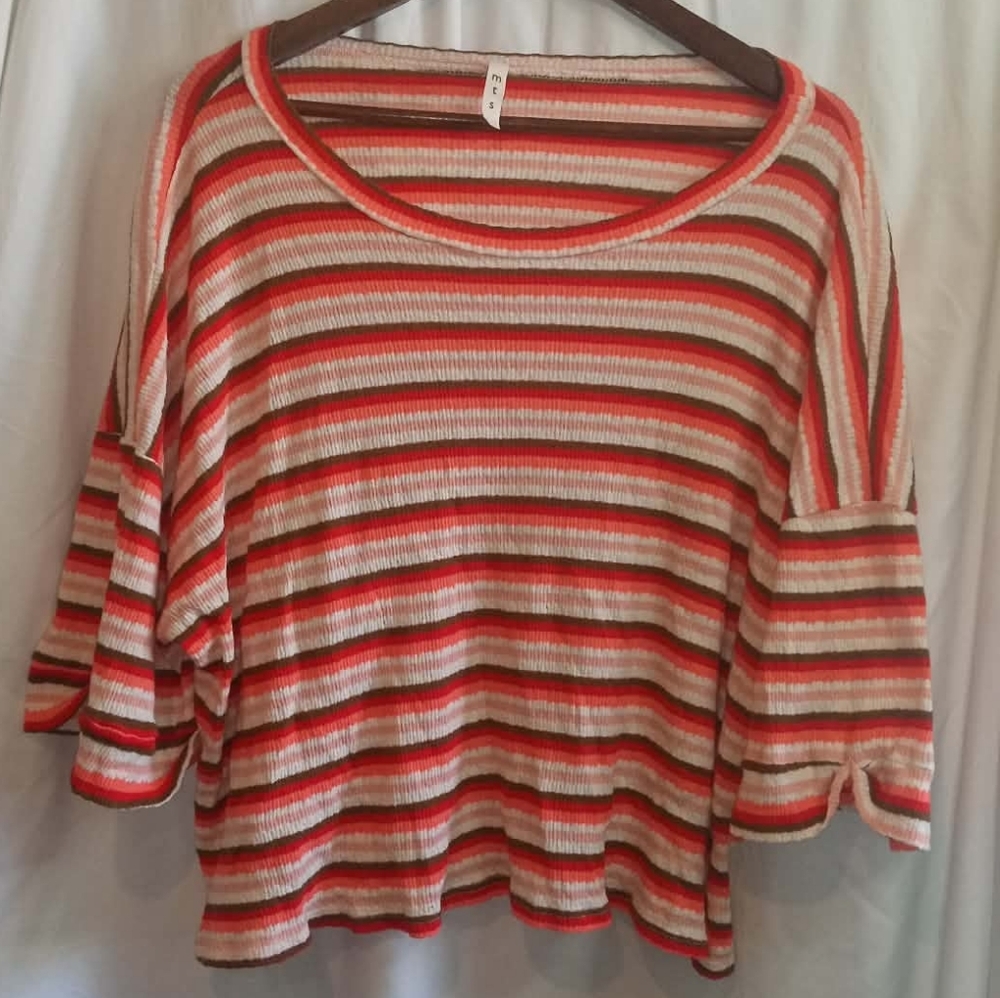 MTS Large Striped Scoop-Neck Knit Shirt Coral Cream Soft Retro 70s 80s Cuff Cozy
